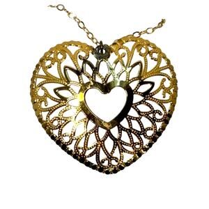 Vntg Gold Tone over Sterling Filigree Heart Pendant on Delicate Chain 1.25 inch